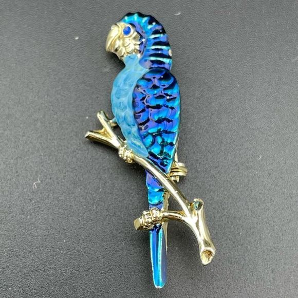 Vintage Blue Enamel Parrot Bird Brooch Pin Gold Tone - Picture 2 of 6
